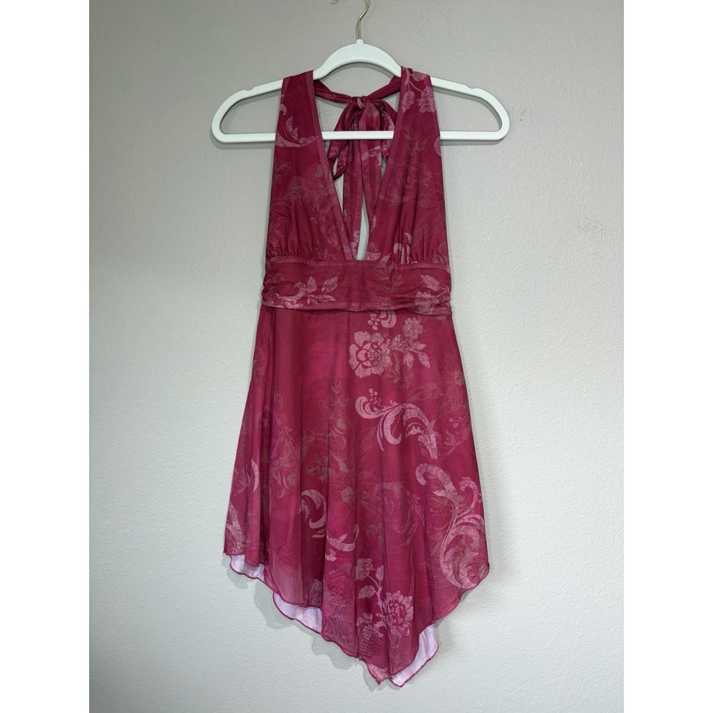 Cupshe Y2K Fairy Halter Floral Asymmetric Mini Dress Medium Dark Pink Festival